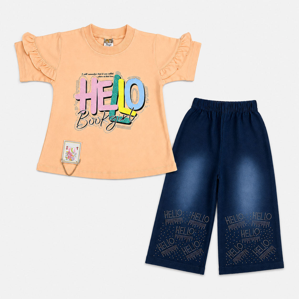 Girls Hello Beautiful Jersey Top & Stretchable Denim Jeans 2 Piece Outfit Set (1-7 Years)