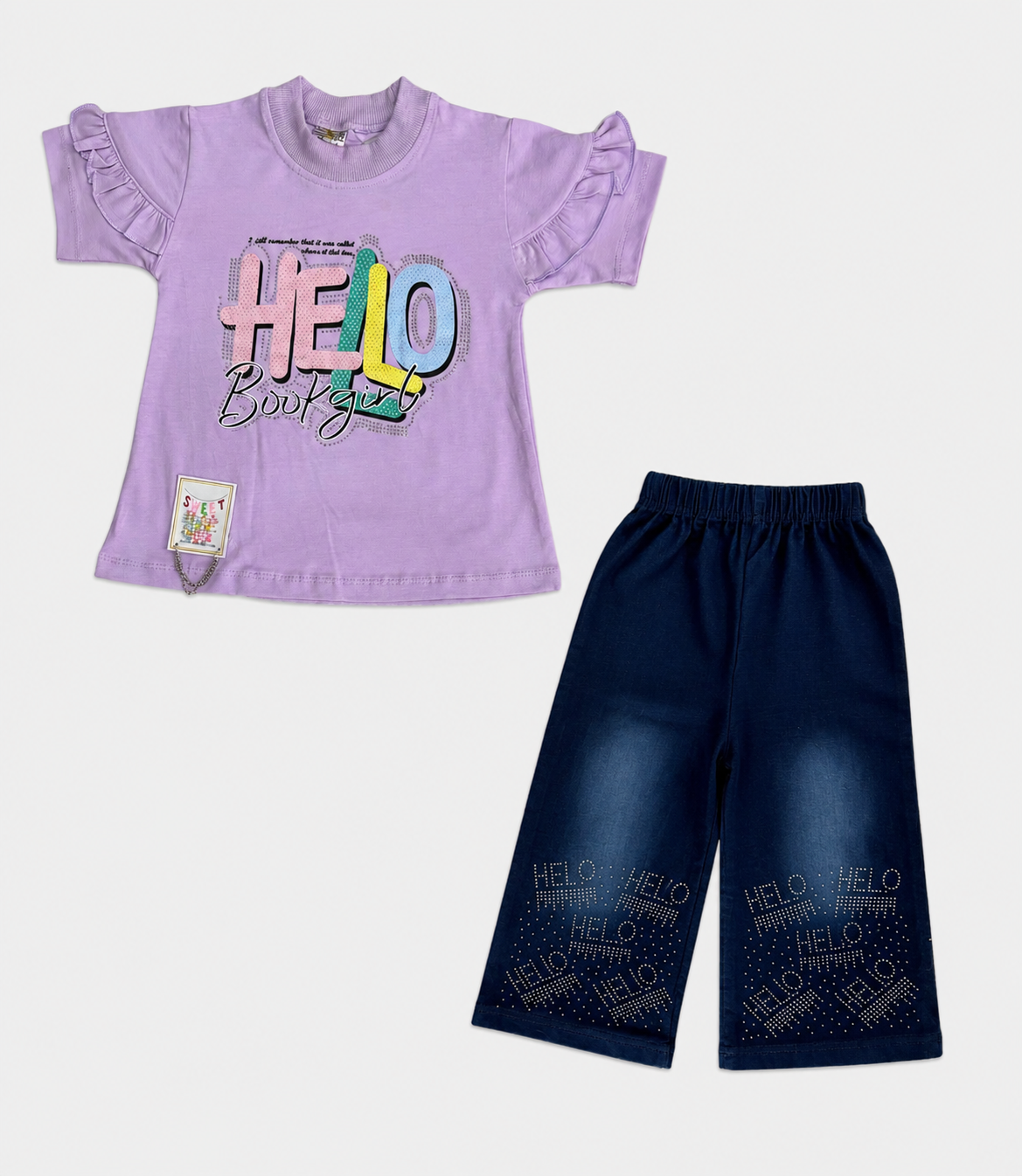 Girls Hello Beautiful Jersey Top & Stretchable Denim Jeans 2 Piece Outfit Set (1-7 Years)