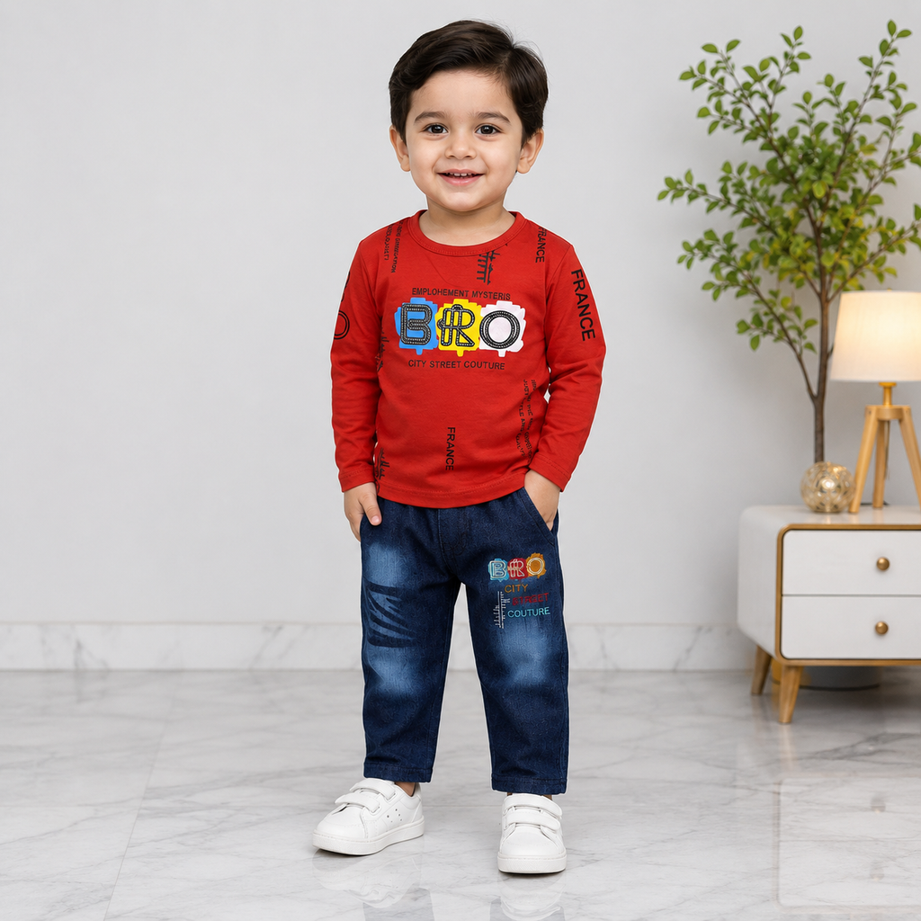 Boys Jersey T-Shirt with Jeans 2 Piece Set – Printed Casual Denim Outfit