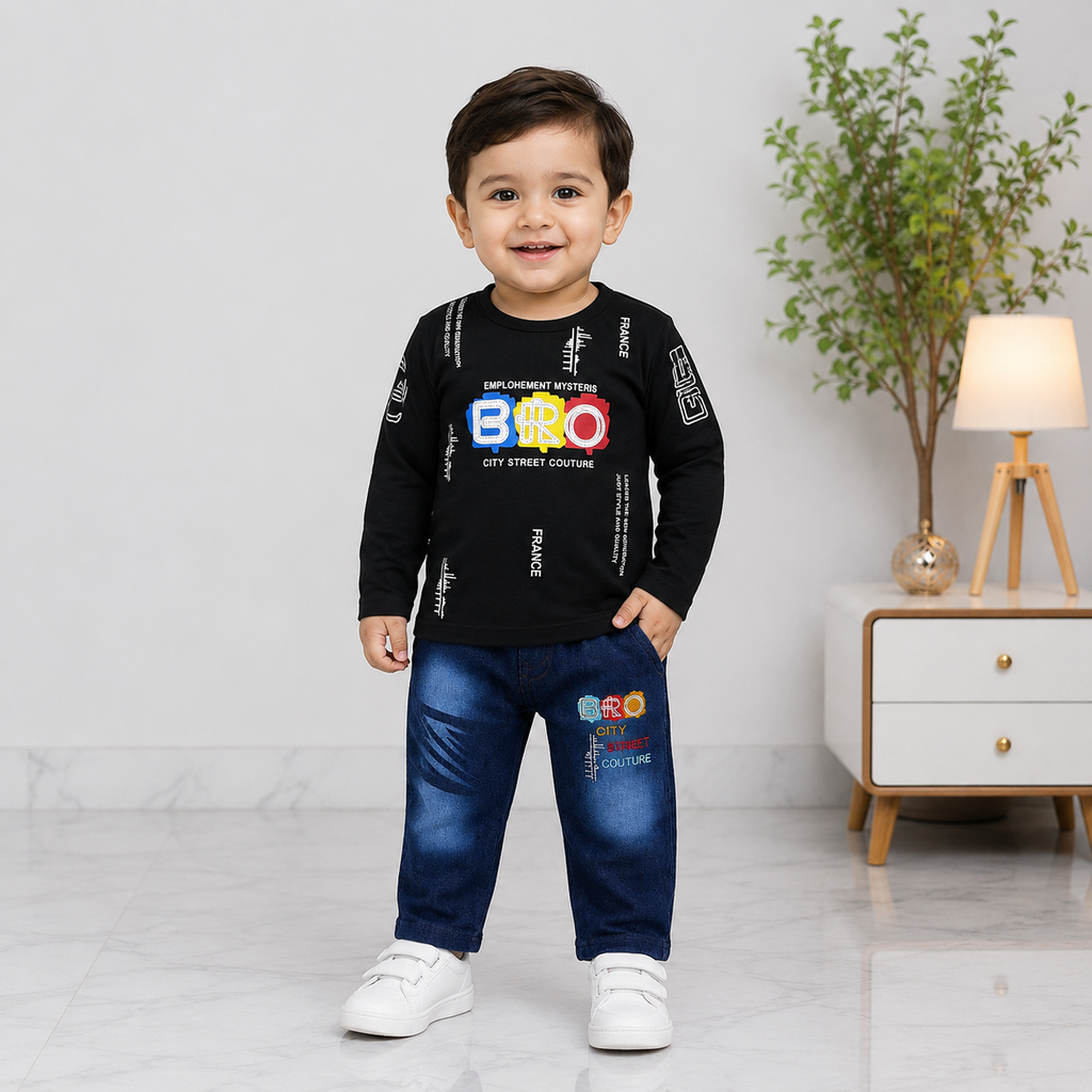 Boys Jersey T-Shirt with Jeans 2 Piece Set – Printed Casual Denim Outfit