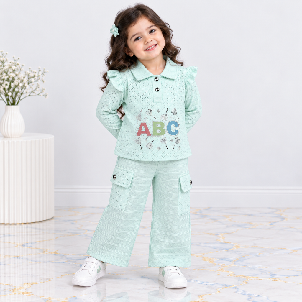 Girls Premium Textured Jersey 2-Piece Suit – ABC Embellished Top & Trouser