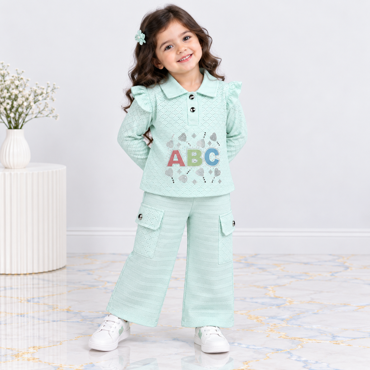 Girls Premium Textured Jersey 2-Piece Suit – ABC Embellished Top & Trouser