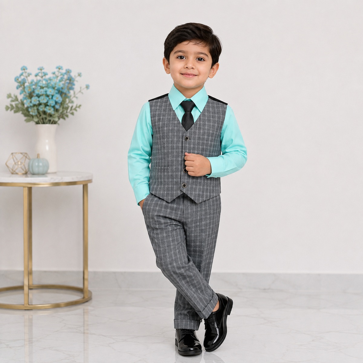 Boys 5-Piece Checkered Tuxedo Suit – Blazer, Waistcoat, Shirt, Trouser & Tie