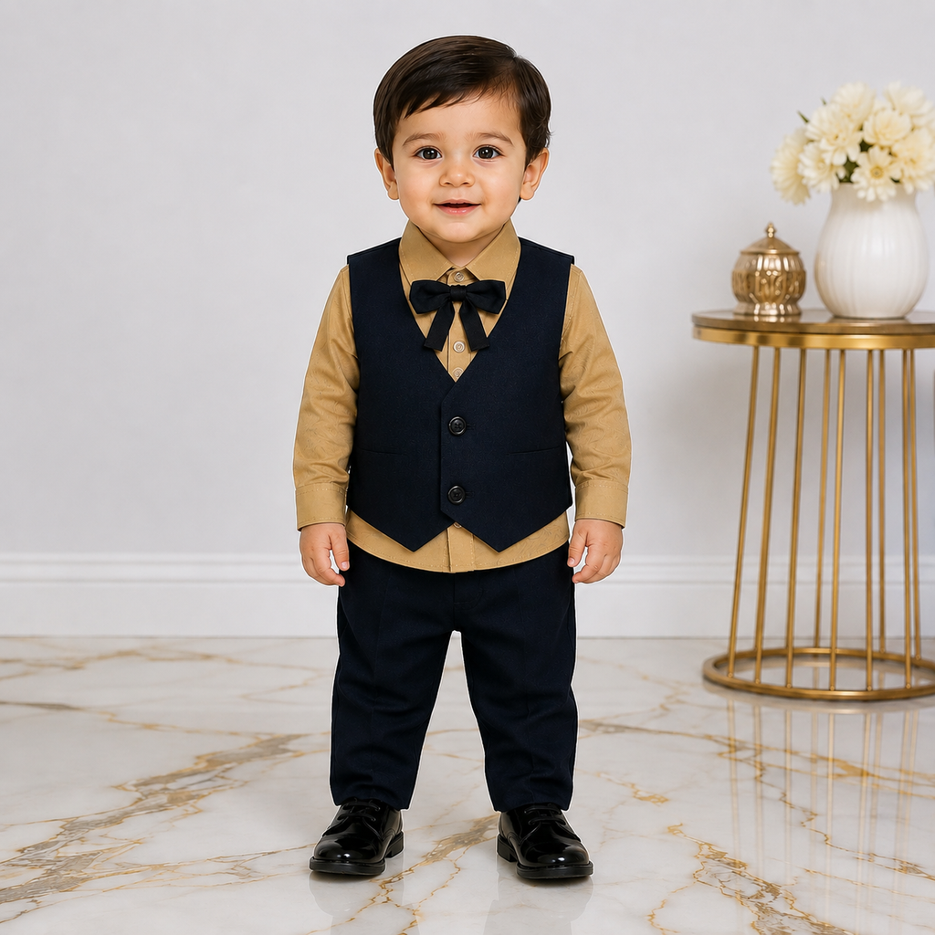 Boys 5-Piece Black Formal Suit Set – Blazer, Waistcoat, Shirt & Pant