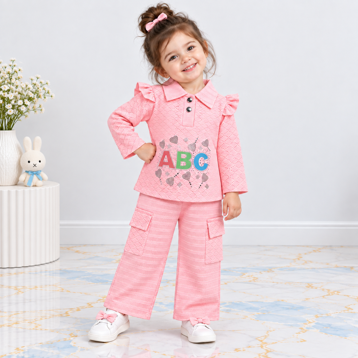 Girls Premium Textured Jersey 2-Piece Suit – ABC Embellished Top & Trouser