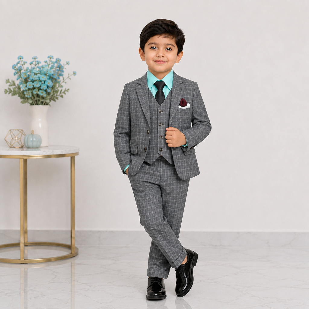 Boys 5-Piece Checkered Tuxedo Suit – Blazer, Waistcoat, Shirt, Trouser & Tie