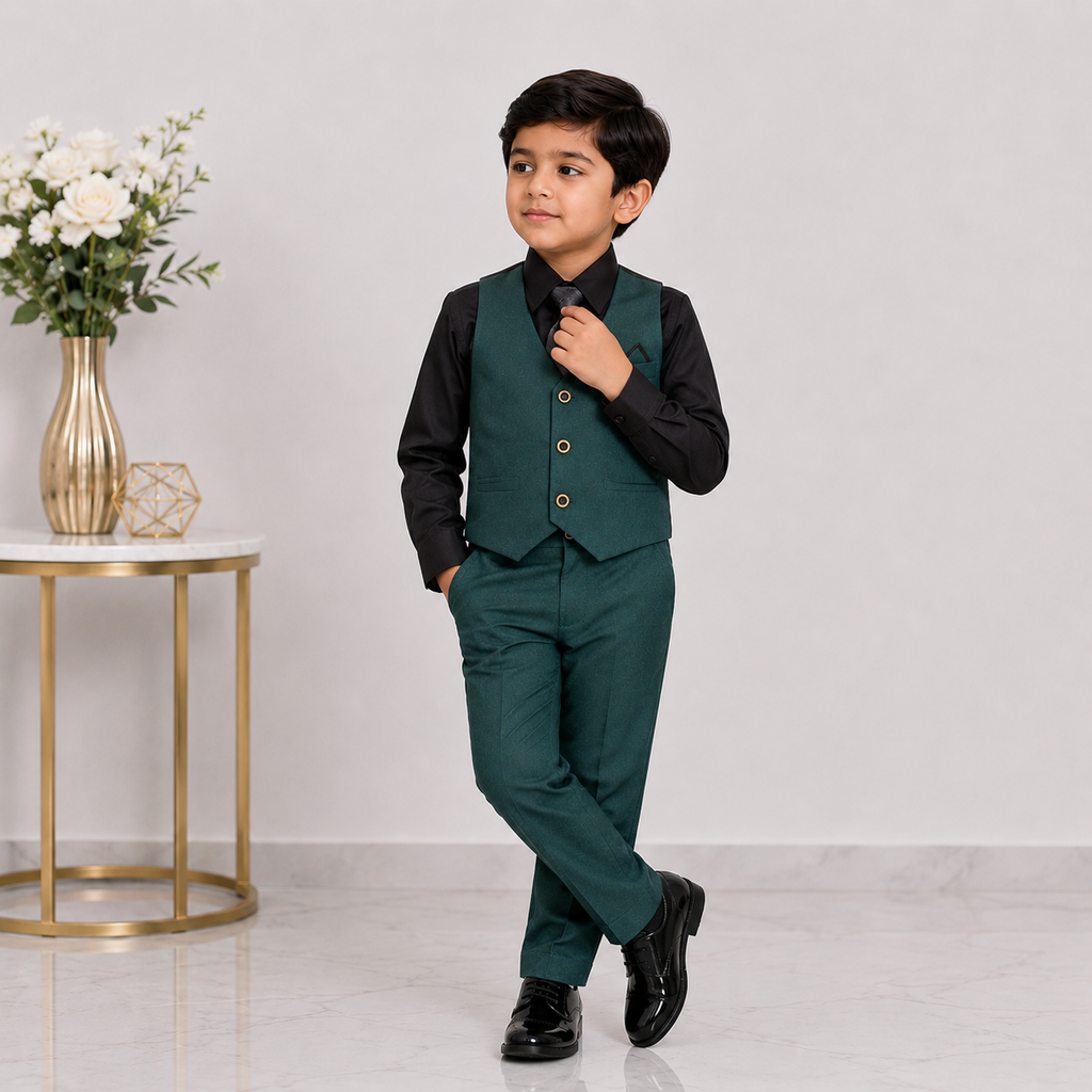 Boys Premium 5-Piece Tuxedo Suit – Green Formal Suit with Waistcoat, Shirt & Tie