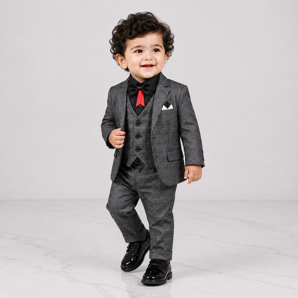 Boys 5-Piece Checkered Formal Suit – Blazer, Waistcoat, Shirt, Trouser & Bow Tie | 18–30 Months