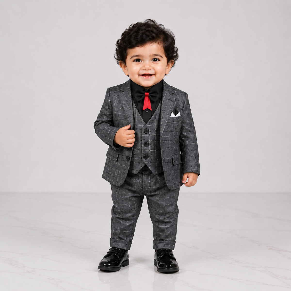 Boys 5-Piece Checkered Formal Suit – Blazer, Waistcoat, Shirt, Trouser & Bow Tie | 18–30 Months