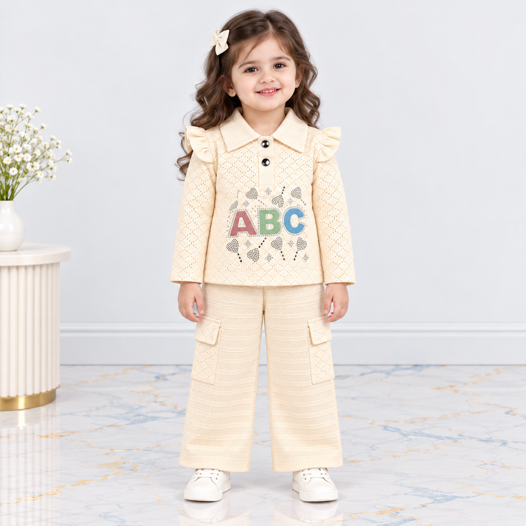 Girls Premium Textured Jersey 2-Piece Suit – ABC Embellished Top & Trouser