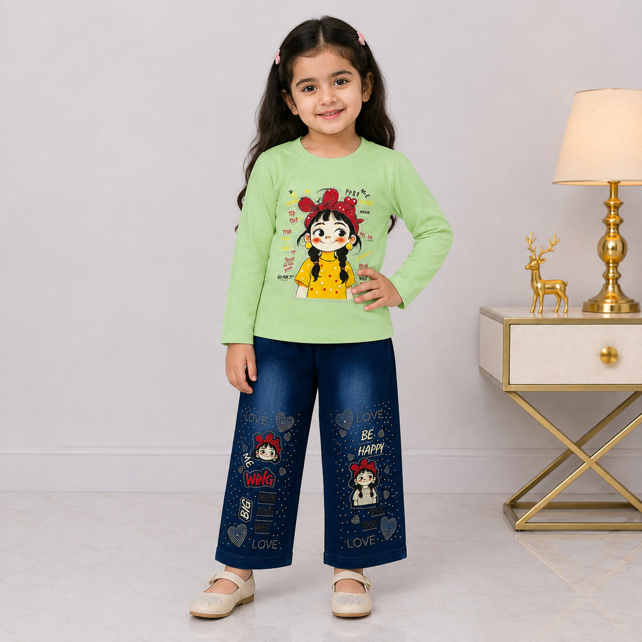 Girls Printed Jersey Top with Rhinestone Denim Jeans – 2 Piece Outfit