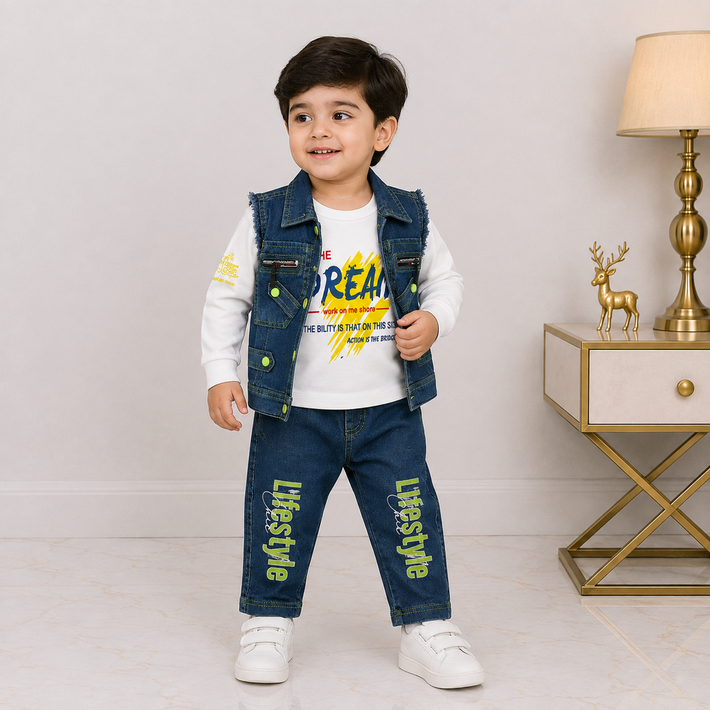Boys 3-Piece Denim Outfit with Printed Full-Sleeve Shirt & Sleeveless Jacket