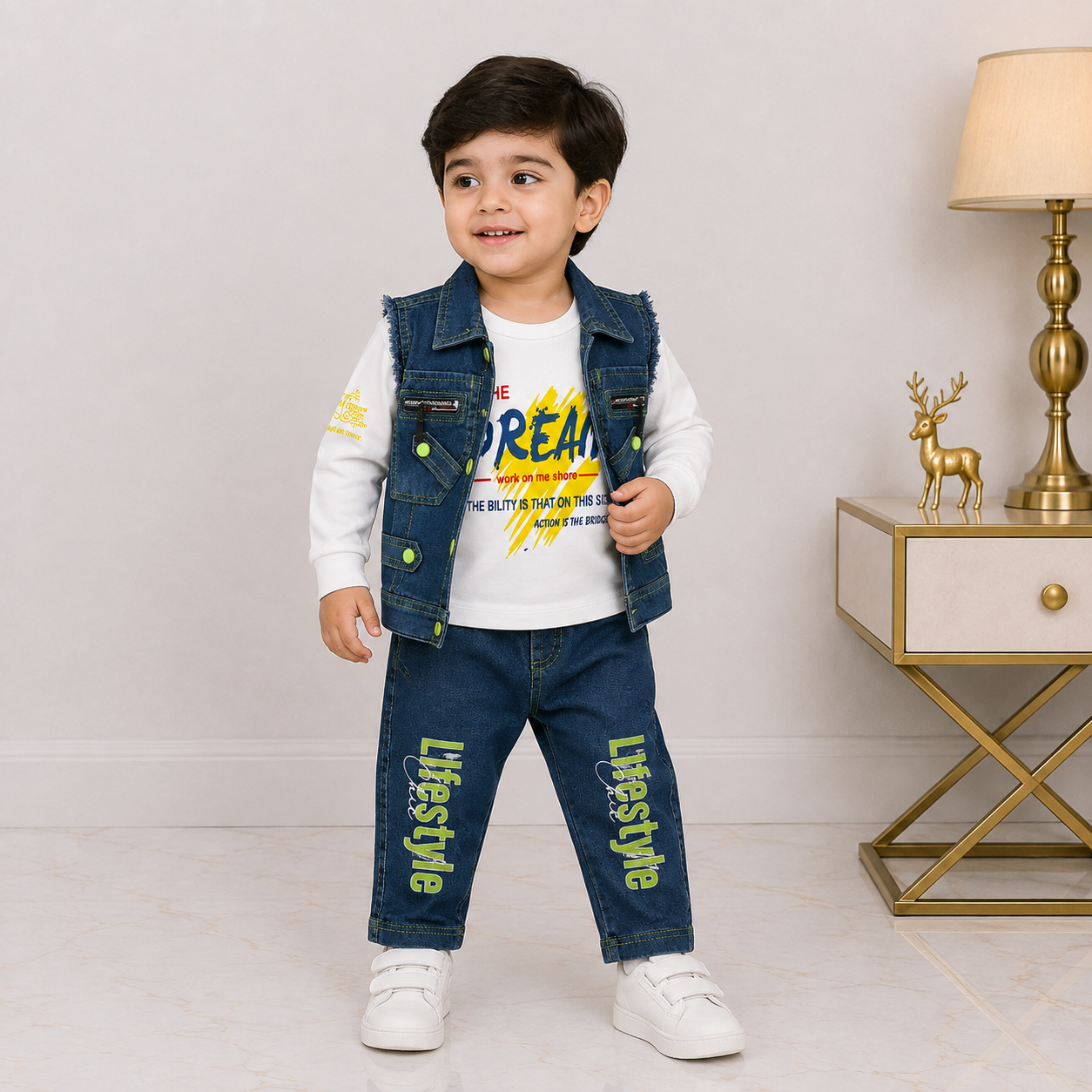 Boys 3-Piece Denim Outfit with Printed Full-Sleeve Shirt & Sleeveless Jacket
