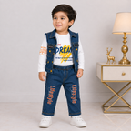 Boys 3-Piece Denim Outfit with Printed Full-Sleeve Shirt & Sleeveless Jacket
