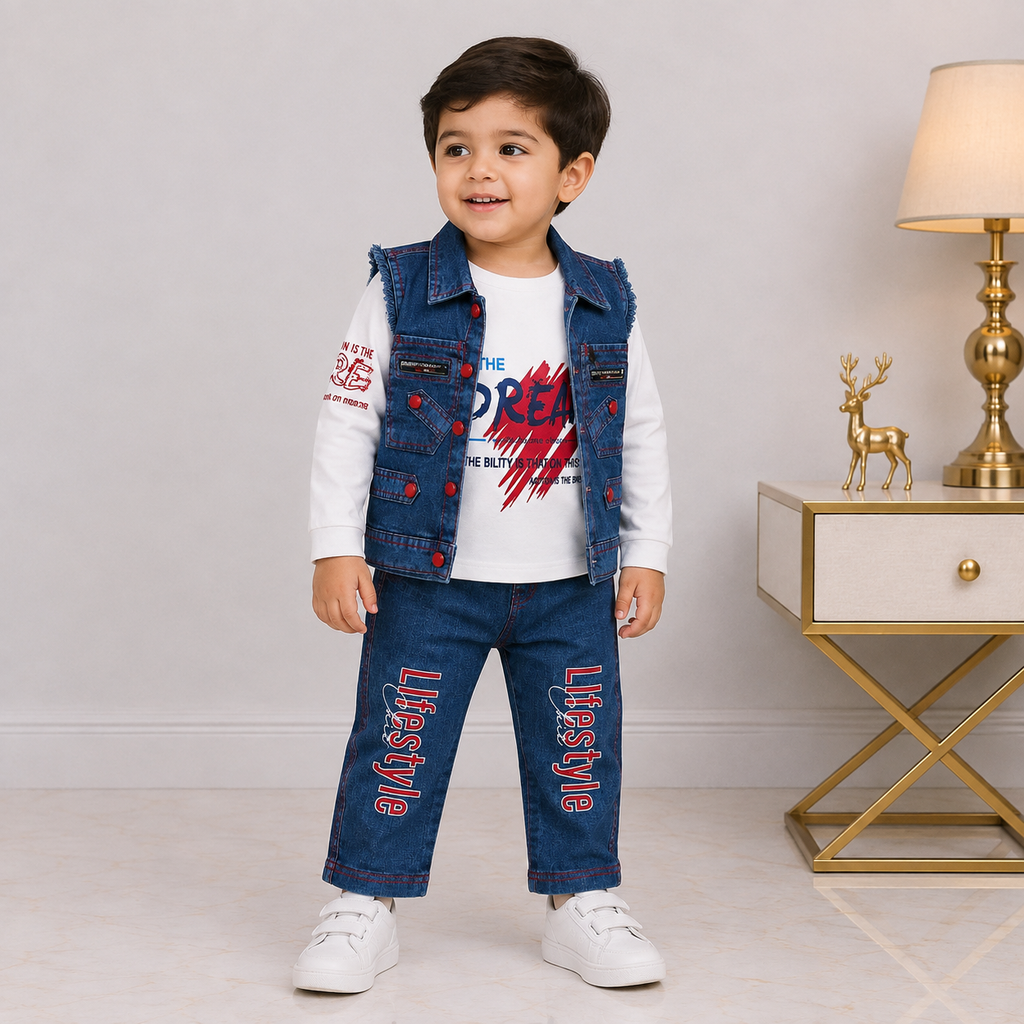 Boys 3-Piece Denim Outfit with Printed Full-Sleeve Shirt & Sleeveless Jacket