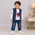 Boys 3-Piece Denim Outfit with Printed Full-Sleeve Shirt & Sleeveless Jacket