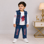 Boys 3-Piece Denim Outfit with Printed Full-Sleeve Shirt & Sleeveless Jacket