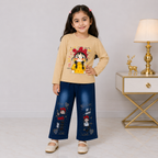 Girls Printed Jersey Top with Rhinestone Denim Jeans – 2 Piece Outfit