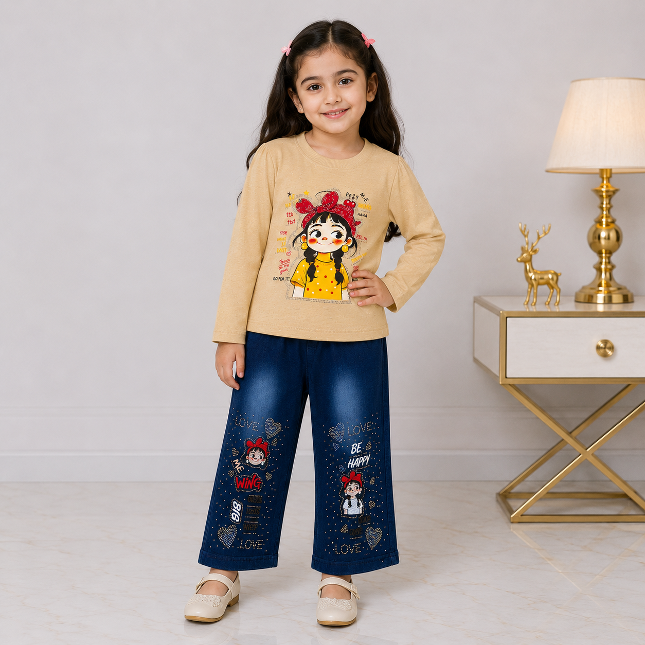 Girls Printed Jersey Top with Rhinestone Denim Jeans – 2 Piece Outfit