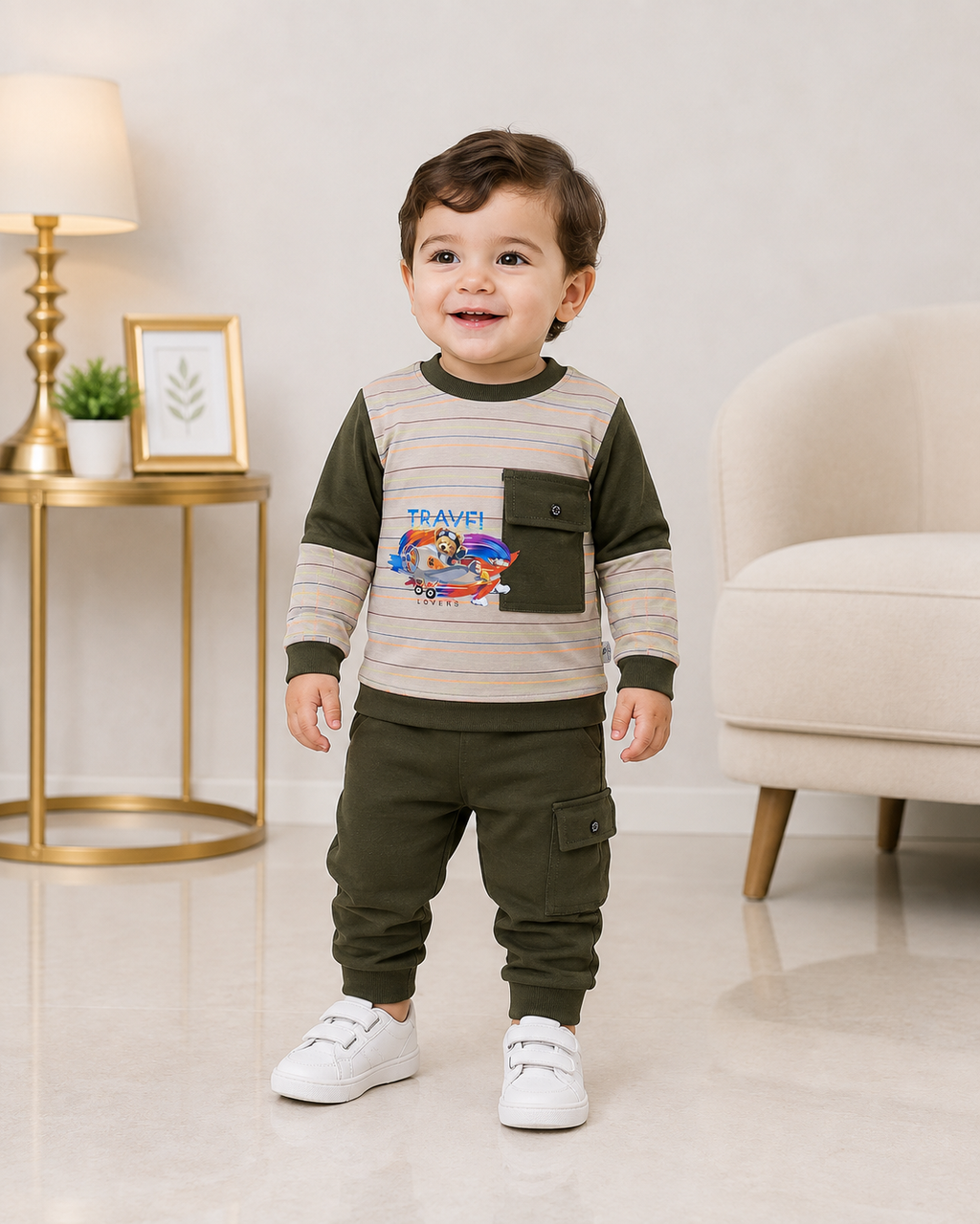 Baby Boys 2-Piece Tracksuit Set | Travel Printed Sweatshirt & Cargo Jogger Pants | 0–3 Years