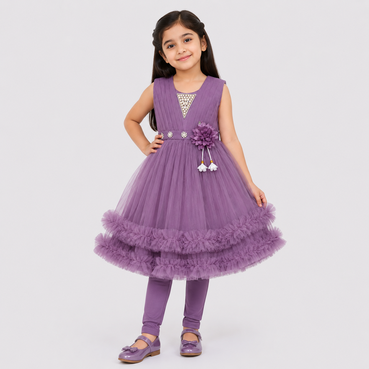 Girls Fancy Party Wear Frock with Tulle Skirt & Trouser