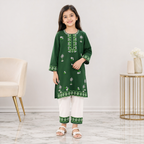 Girls Cotton Embroidered 2 Piece Eastern Suit – Green & White