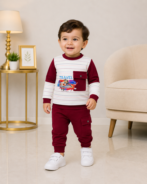 Baby Boys 2-Piece Tracksuit Set | Travel Printed Sweatshirt & Cargo Jogger Pants | 0–3 Years