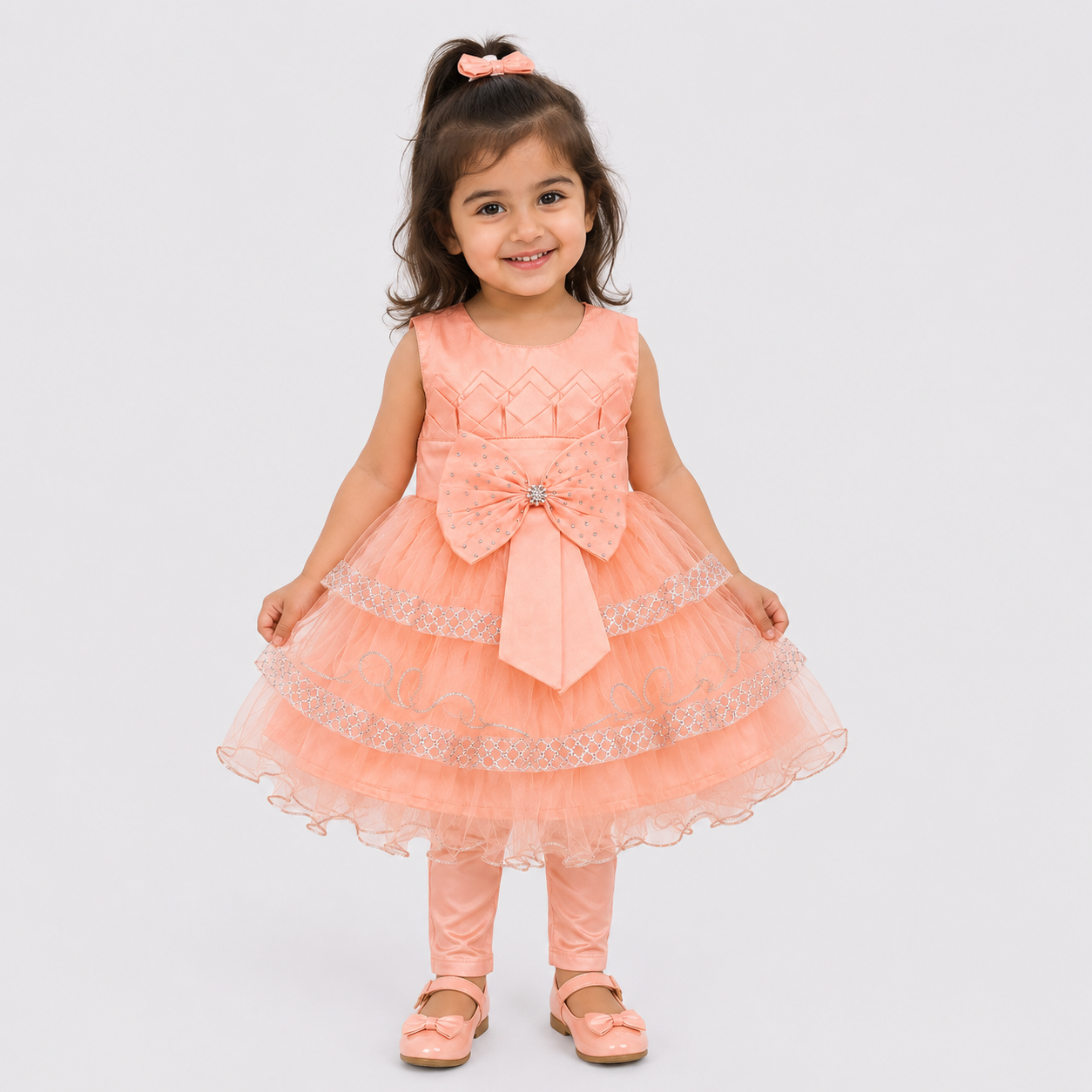 Girls Fancy Party Wear Frock with Bow & Tulle Layers