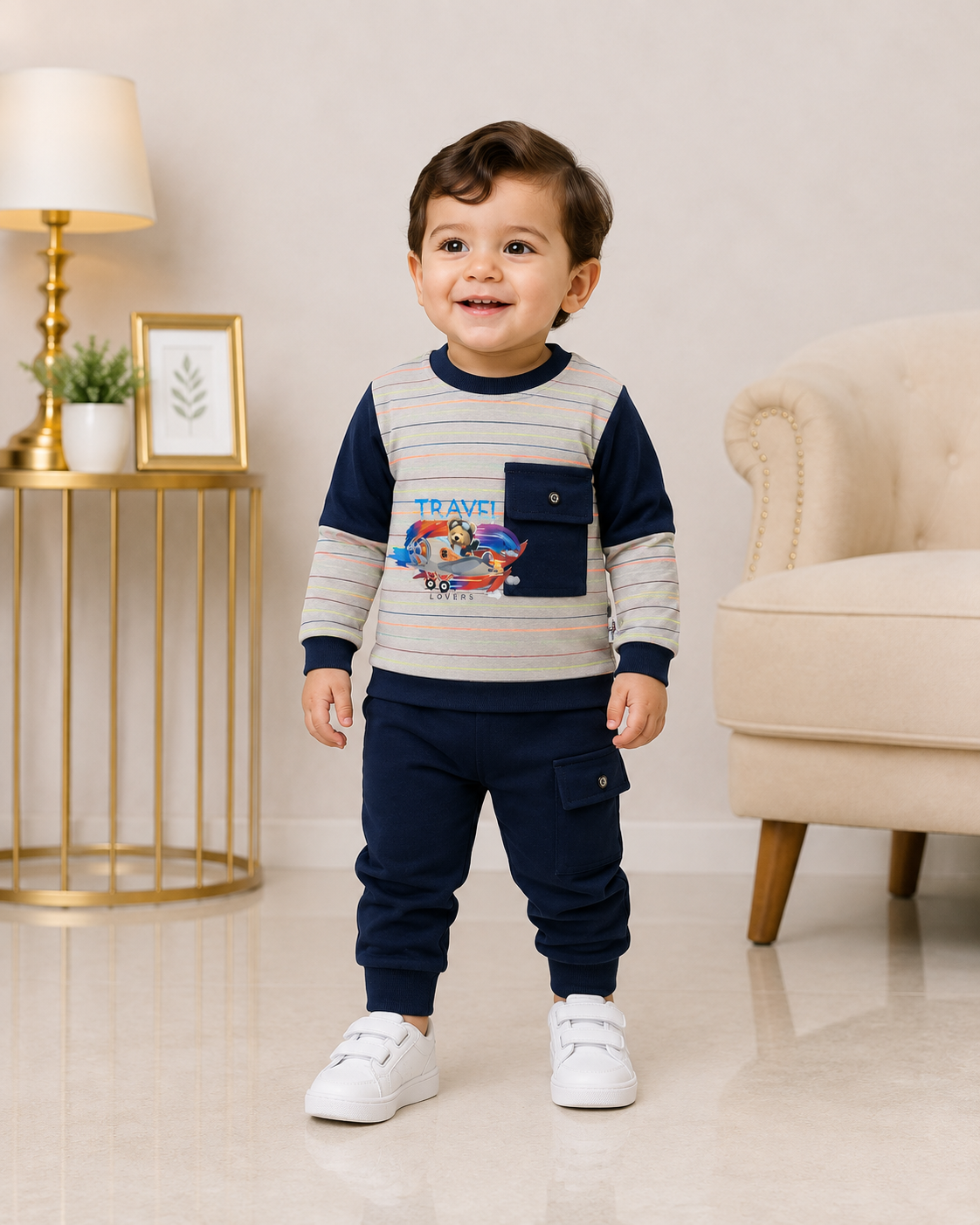 Baby Boys 2-Piece Tracksuit Set | Travel Printed Sweatshirt & Cargo Jogger Pants | 0–3 Years