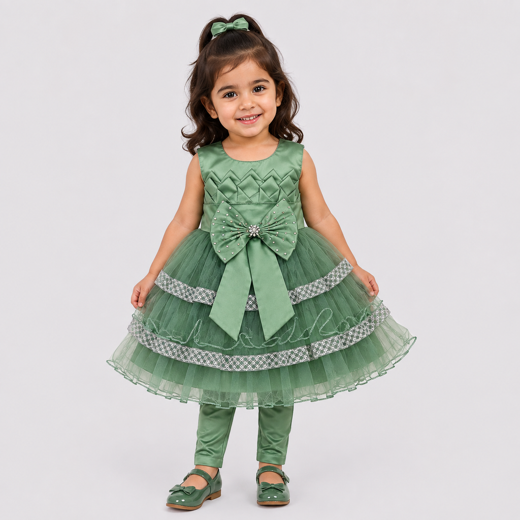 Girls Fancy Party Wear Frock with Bow & Tulle Layers