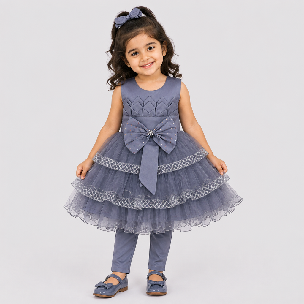 Girls Fancy Party Wear Frock with Bow & Tulle Layers