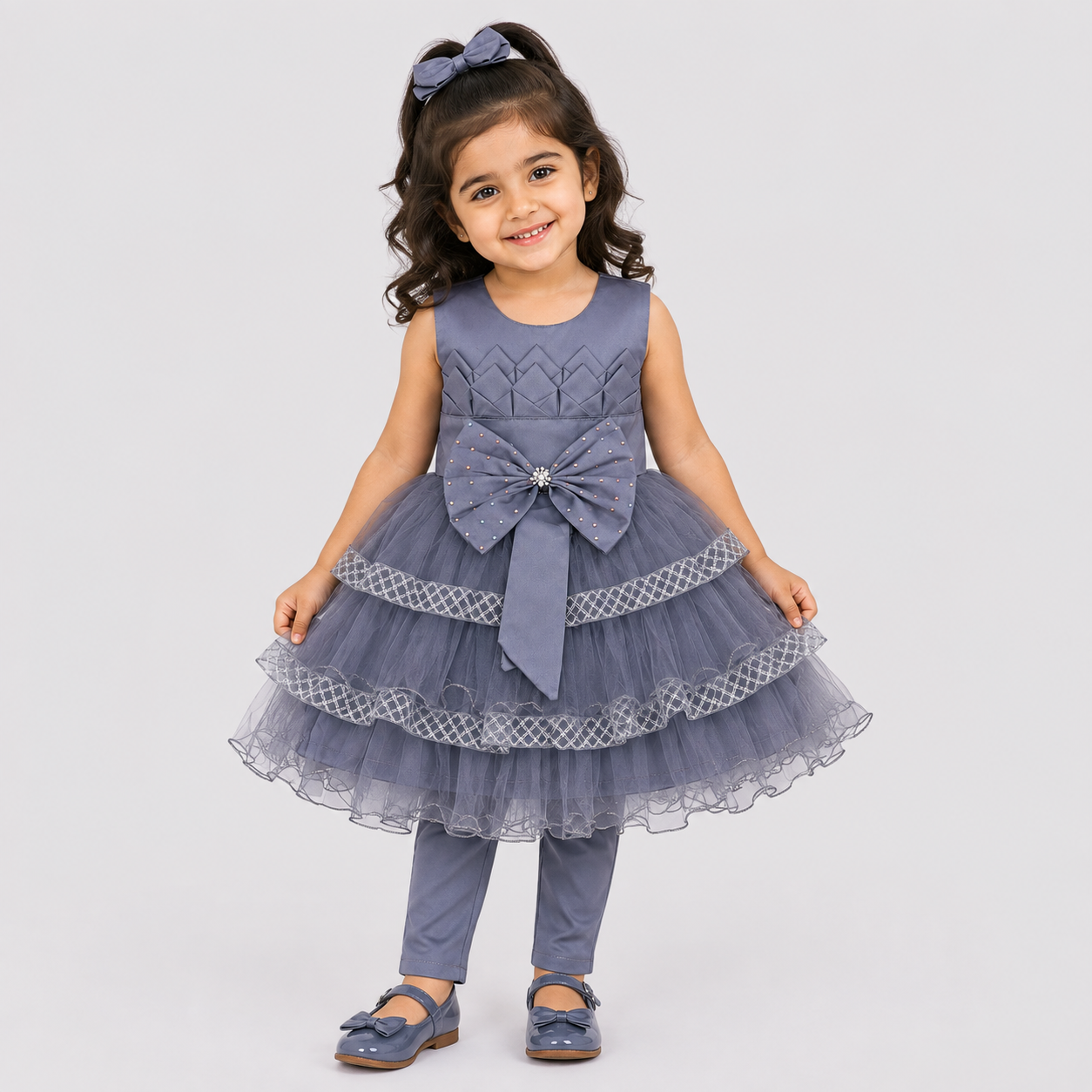 Girls Fancy Party Wear Frock with Bow & Tulle Layers