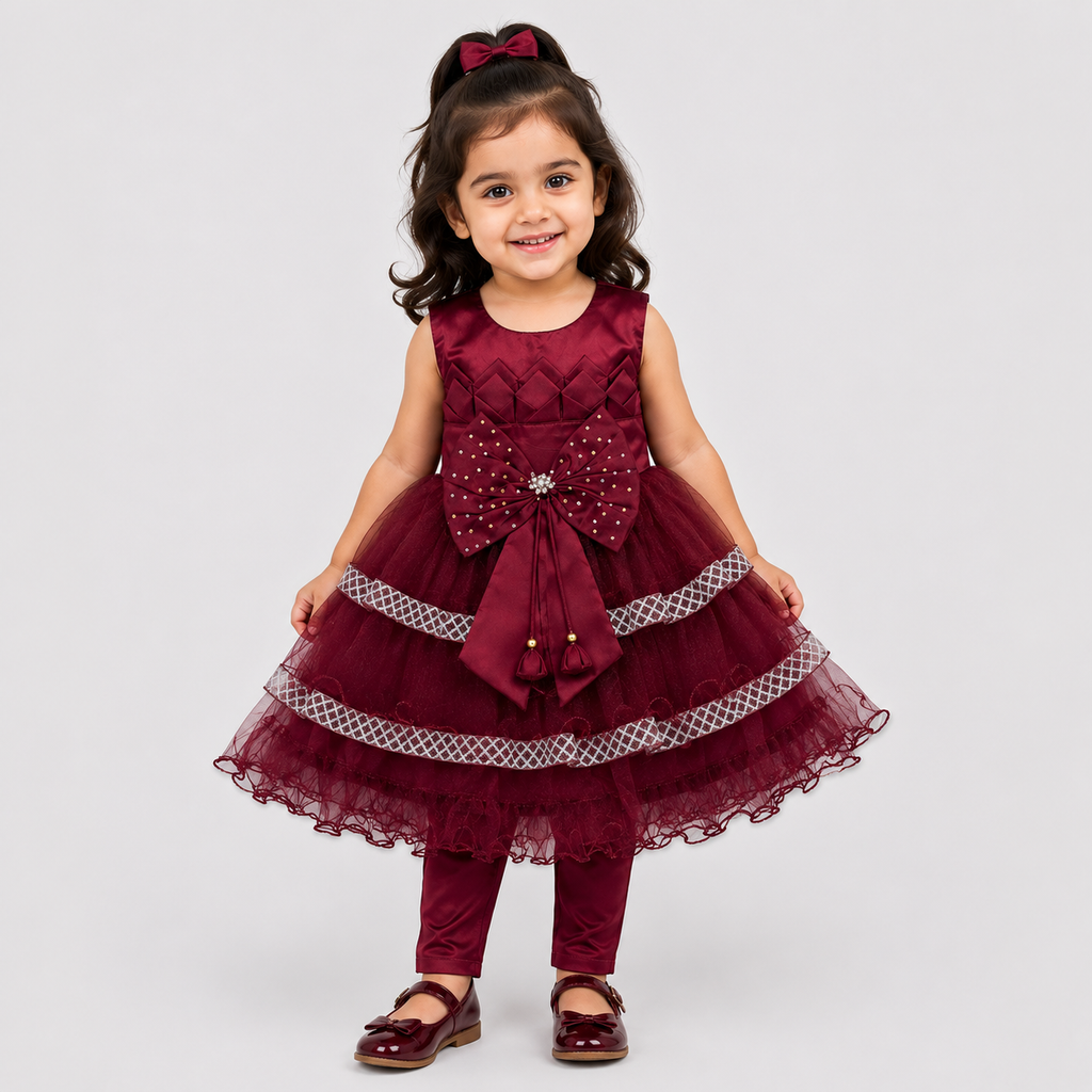 Girls Fancy Party Wear Frock with Bow & Tulle Layers