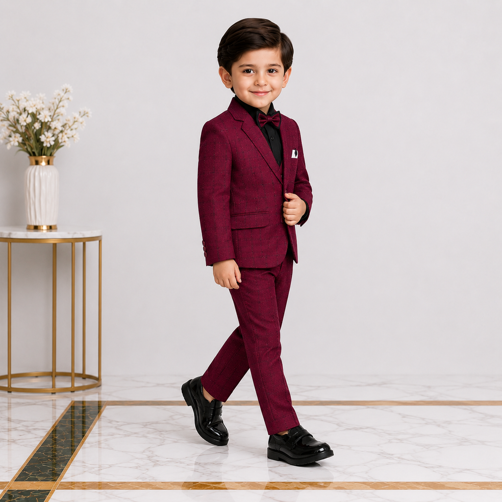 Boys 5 Piece Tuxedo Suit – Maroon Plaid Formal Party Wear