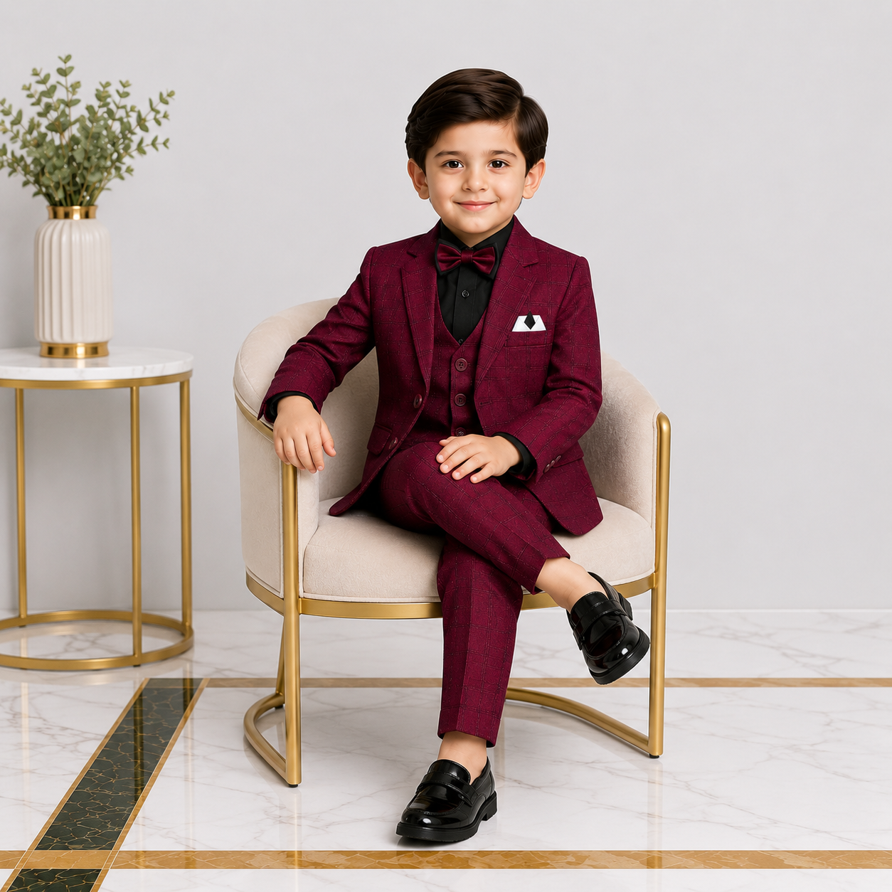 Boys 5 Piece Tuxedo Suit – Maroon Plaid Formal Party Wear