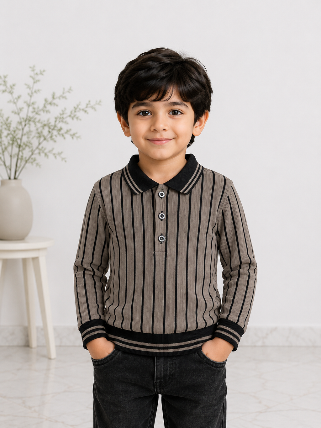 Boys Striped Ribbed Polo Sweatshirt – Full Sleeve Casual Wear