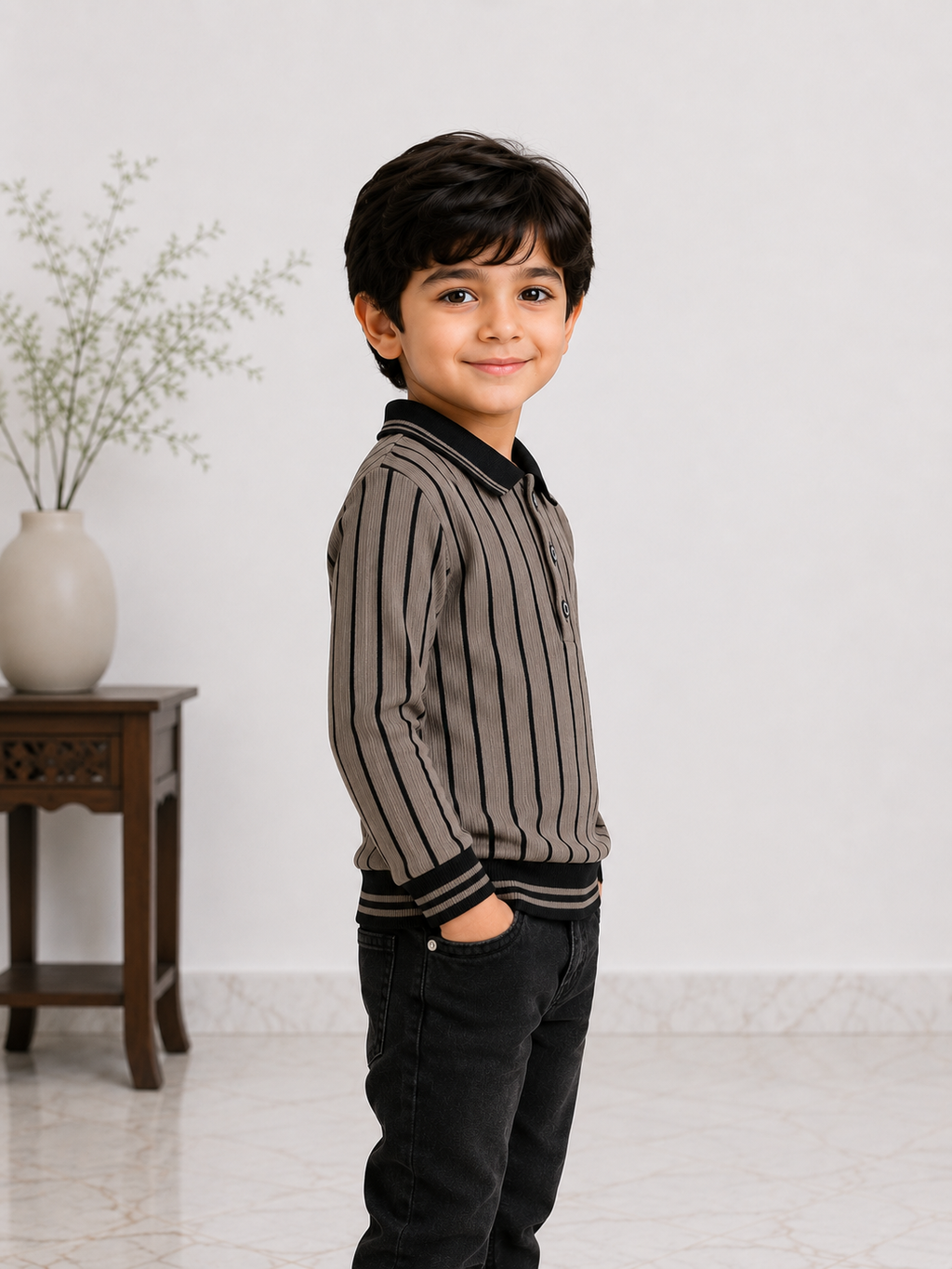 Boys Striped Ribbed Polo Sweatshirt – Full Sleeve Casual Wear