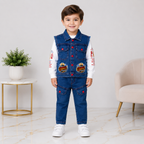 Boys Denim 3-Piece Suit with Sleeveless Jacket, Printed T-Shirt & Trouser