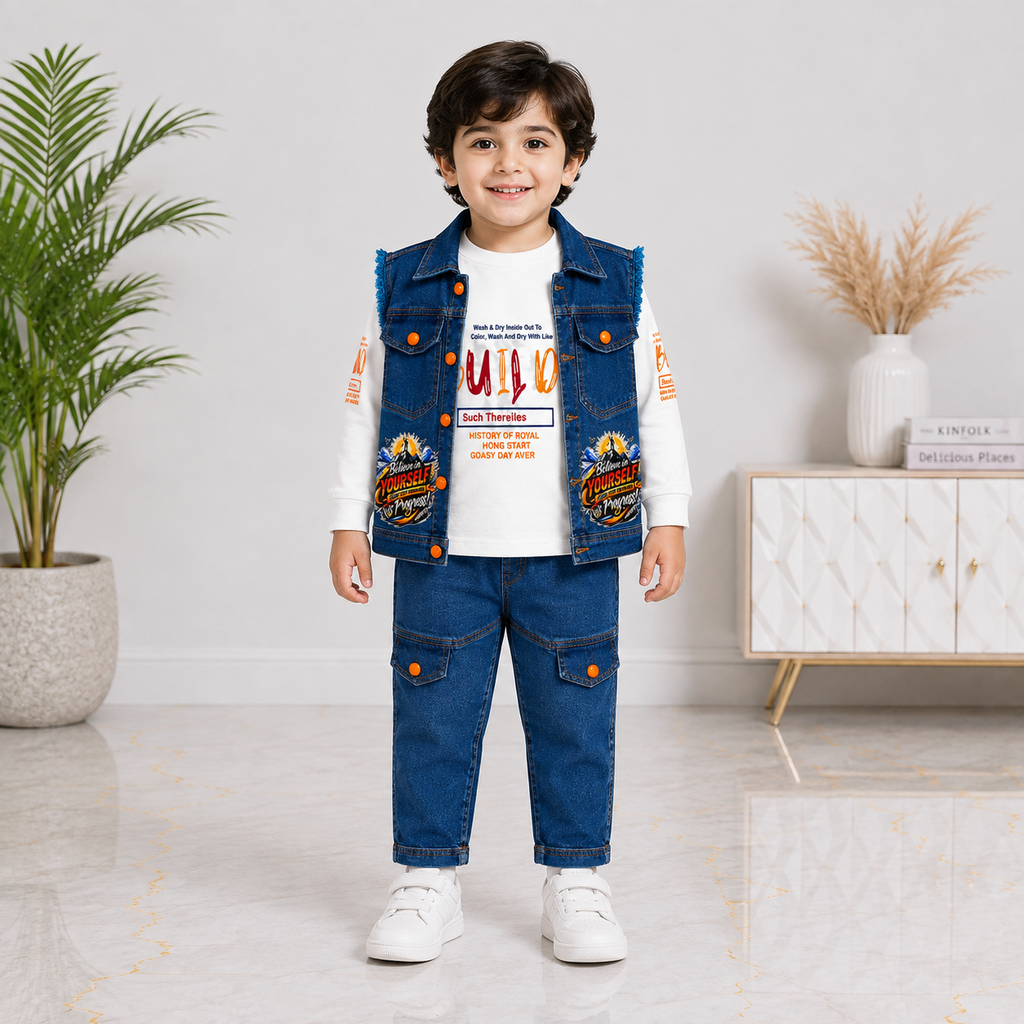 Boys Denim 3-Piece Suit with Sleeveless Jacket, Printed T-Shirt & Trouser