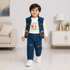Boys Denim 3-Piece Suit with Sleeveless Jacket, Printed T-Shirt & Trouser