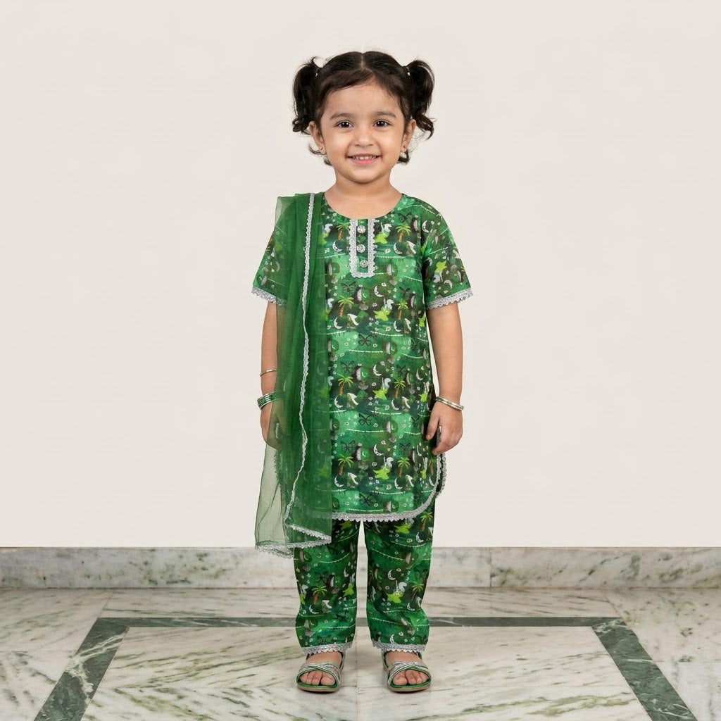 14 August Special: Baby Girl 3-Piece Azadi Suit (Cotton Kurti, Trouser & Dupatta)