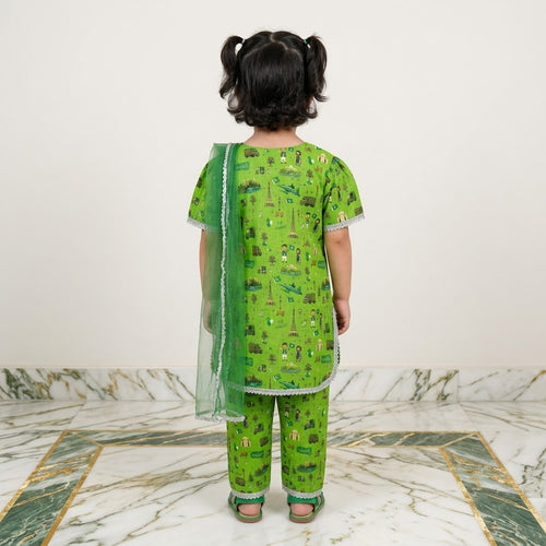 14 August Special: Baby Girl 3-Piece Cotton Azadi Suit (Printed Kurti, Trouser & Dupatta)