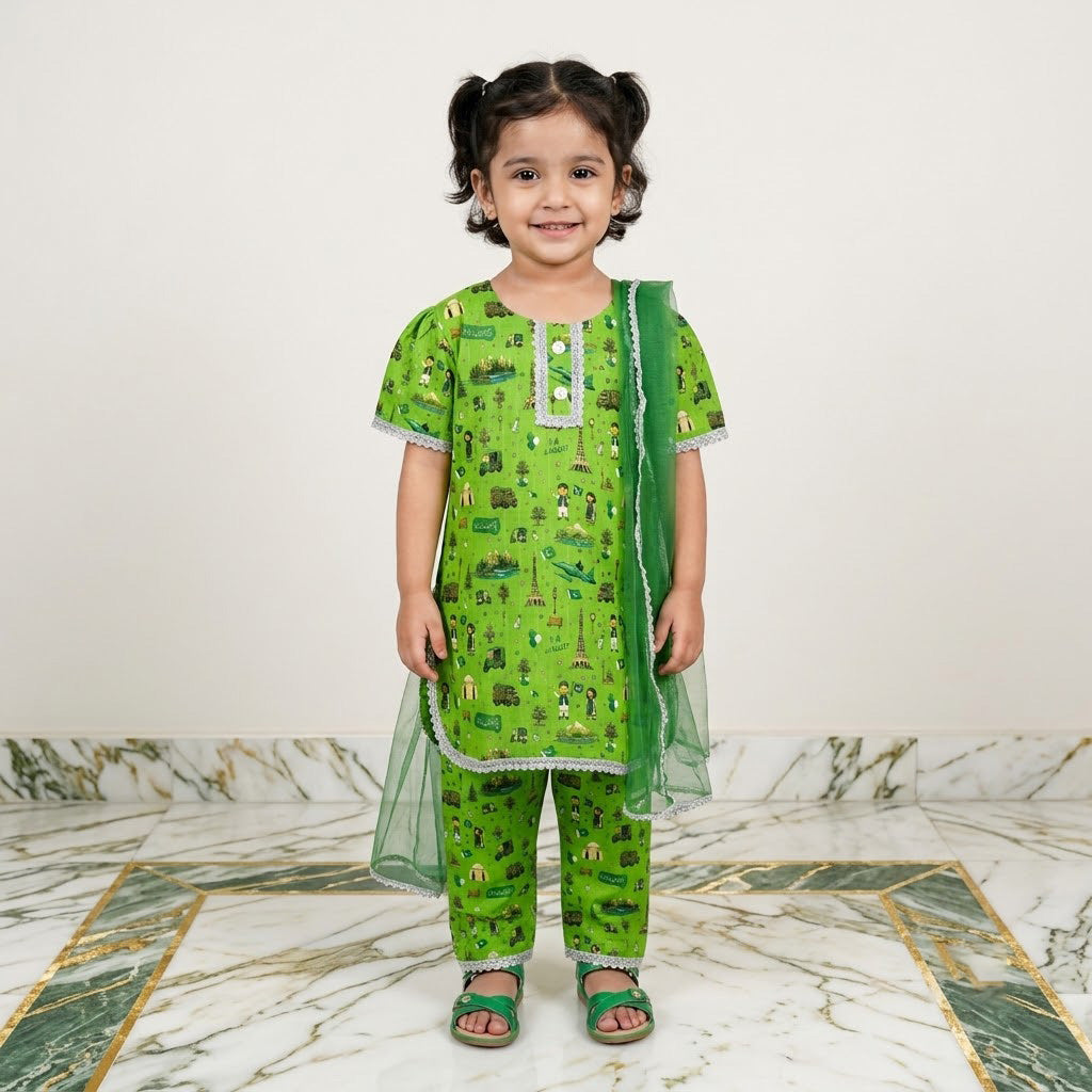 14 August Special: Baby Girl 3-Piece Cotton Azadi Suit (Printed Kurti, Trouser & Dupatta)