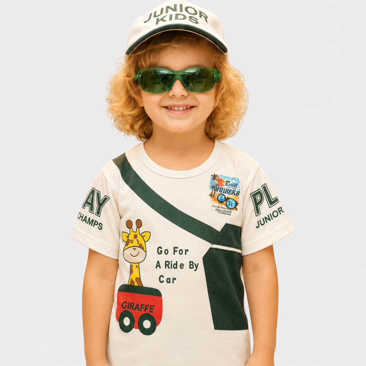 Boys Malai Jersey Independence Outfit – Giraffe Print White Green Summer Set | Lamtar Kids