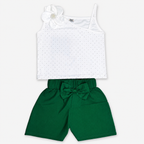 Baby Girl White One Shoulder Top with Green Cotton Shorts – Premium Jersey 2 Piece Summer Suit