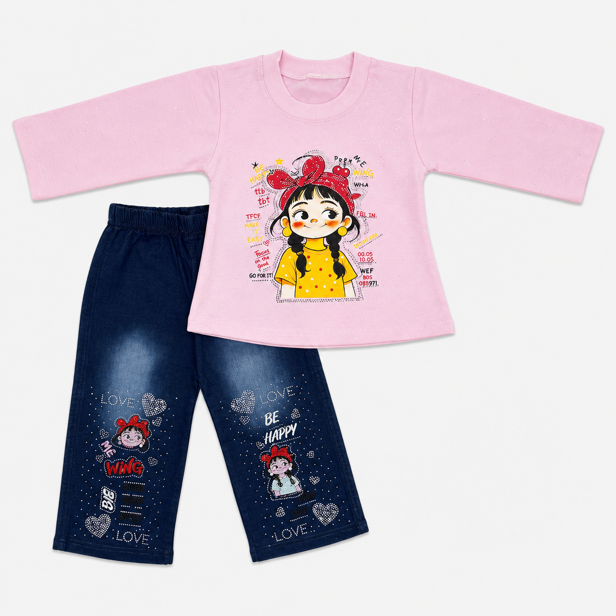 Girls Printed Jersey Top with Rhinestone Denim Jeans – 2 Piece Outfit