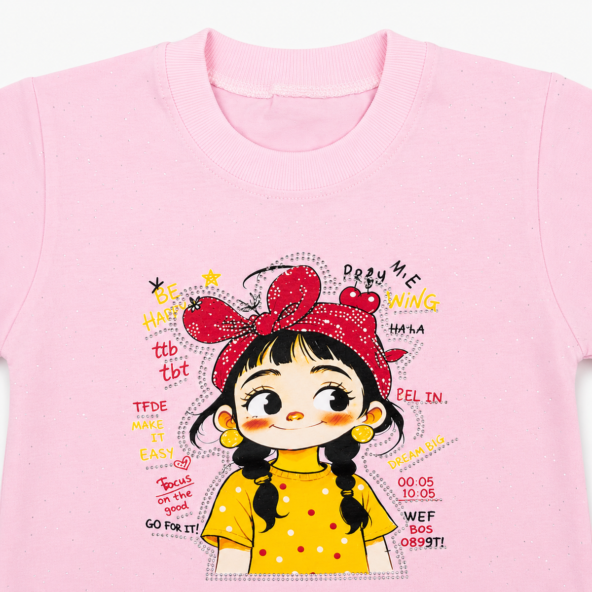 Girls Printed Jersey Top with Rhinestone Denim Jeans – 2 Piece Outfit