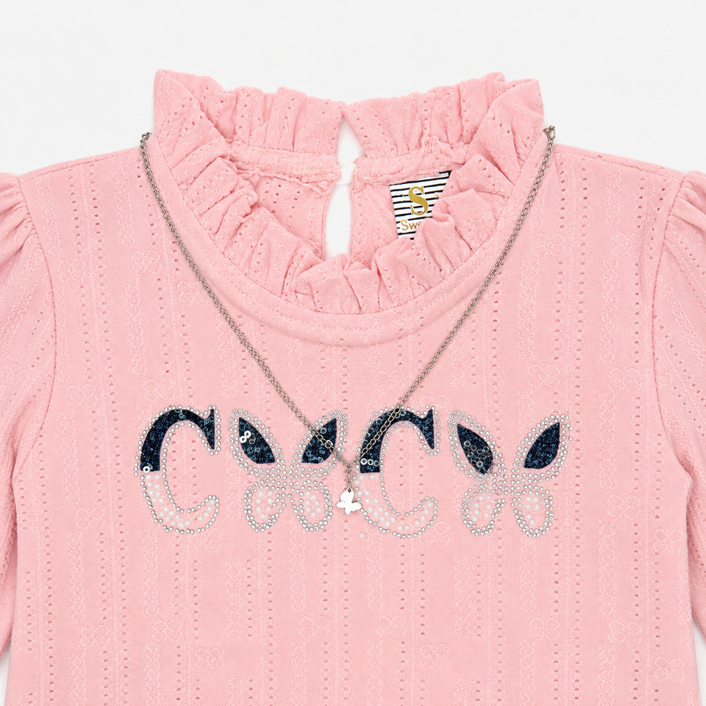 Girls Imported China Jersey Top with Rhinestone Denim Jeans – 2 Piece Outfit