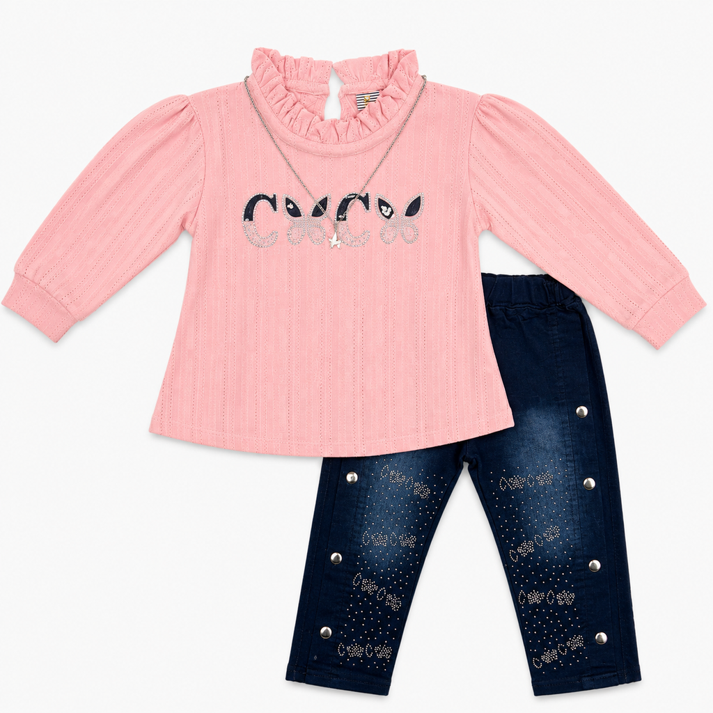 Girls Imported China Jersey Top with Rhinestone Denim Jeans – 2 Piece Outfit