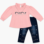 Girls Imported China Jersey Top with Rhinestone Denim Jeans – 2 Piece Outfit